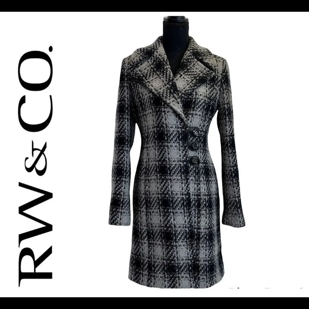 RW & CO Black and gray wool plaid check fall winter coat Sz S